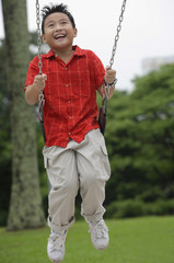Boy on playground swing, smiling