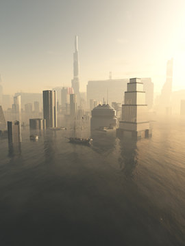 Flooded Future City in Mist - science fiction illustration