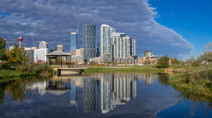 Calgary downtown as viewed from the East Village. The iconic Calgary Tower can be seen in the background.