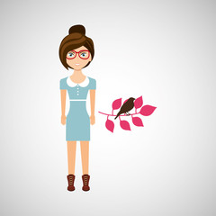 girl character natural branch and bird icon vector illustration eps 10