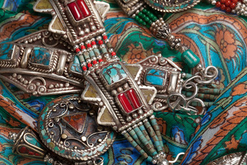Handmade Jewelry On Fabric Background