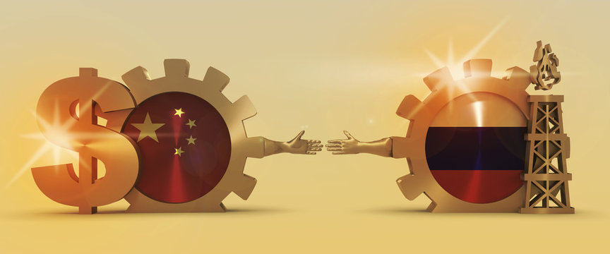 Image relative to gas transit from Russia to China. Business Handshake. 3D rendering. Lens flare effect. Gold material of a gears. National flags on golden cog wheels.