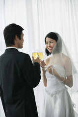 A newlywed couple hold out their champagne glasses for a toast