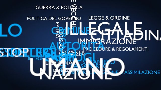 Illegal, immigration, crime, refugee word tag cloud, blue, Italian variant, 3D rendering, UHD