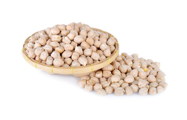 uncooked garbanzo bean on bamboo basket with white background