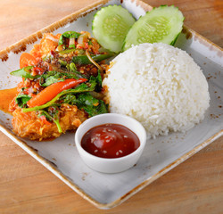 Stir fried Chicken with basil  leaf and rice