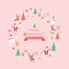 Merry christmas and happy new year ornaments decoration into wreath.Illustration vector pink background colors.