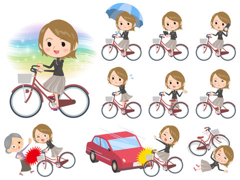 Short hair black high necked women ride on city bicycle