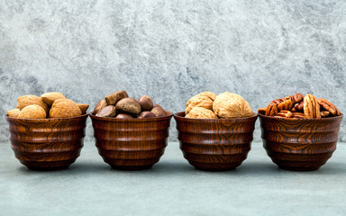 Whole almonds,whole walnuts ,whole hazelnut and pecan nuts in wo
