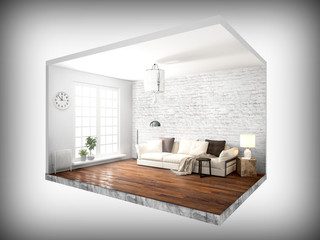 Interior without walls. 3D rendering