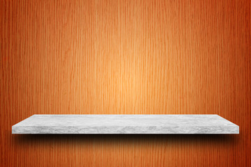 Empty top of  marble stone table on wooden plank wall background