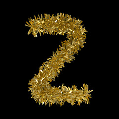 Letter Z made from Gold Christmas Tinsel Isolated on Black - 3D Illustration