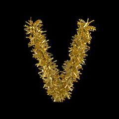 Letter V made from Gold Christmas Tinsel Isolated on Black - 3D Illustration