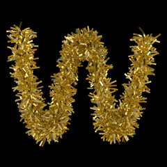 Letter W made from Gold Christmas Tinsel Isolated on Black - 3D Illustration