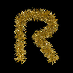 Letter R made from Gold Christmas Tinsel Isolated on Black - 3D Illustration