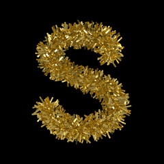 Letter S made from Gold Christmas Tinsel Isolated on Black - 3D Illustration