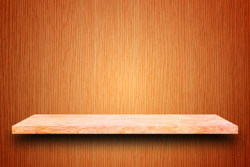 Naklejka na ściany i meble Empty top of marble stone table on wooden plank wall background