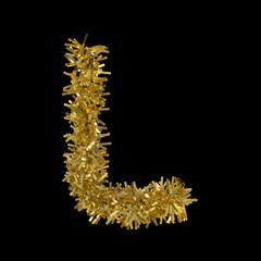 Letter L made from Gold Christmas Tinsel Isolated on Black - 3D Illustration