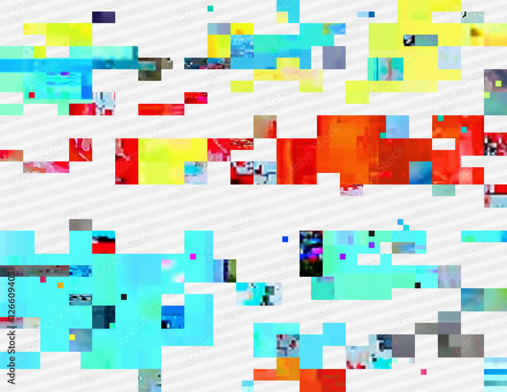 Poster colorful glitched shapes. decorative layer for effect of corrupted image. random digital signal erro
