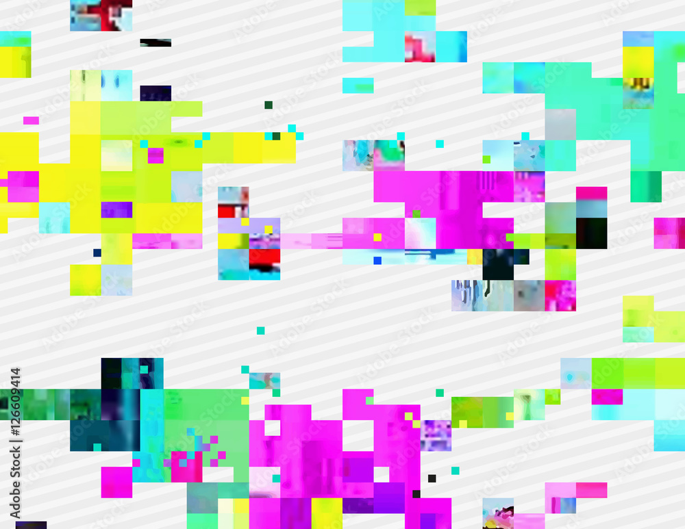 Poster colorful glitched shapes. decorative layer for effect of corrupted image. random digital signal erro