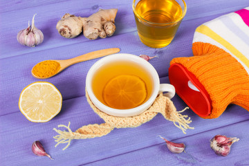 Hot water bottle, cup of tea and ingredients for preparation warming beverage