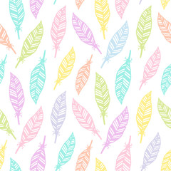 Fototapeta premium Hand drawn feather seamless pattern. Soft colored feather pattern for wrapping paper, textile, fabric, wallpaper.