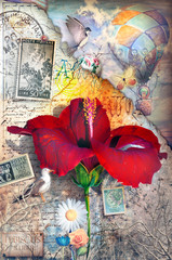 Ouderwetse ansichtkaart met hibiscusbloem, collage, heteluchtballon