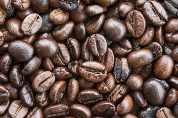  Top view Roasted coffee beans on white