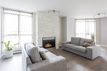 Bright and clean interior design of a luxury living room with hardwood floors, fireplace and sofa.