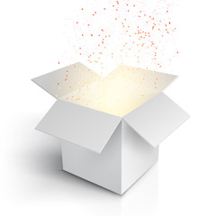 Realistic Magic Open Box. Magic Gift Box with Magic Light Commin