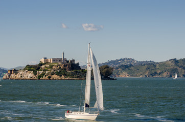 Sail Boat at San Francisco Bay on Alcatraz Island background