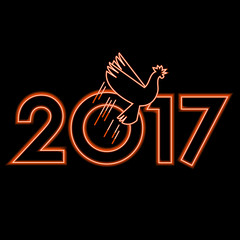 New Year 2017 concept - fire rooster silhouette fly inside zero digit. Chinese zodiac sign for winter holiday. Flat style vector astrology symbol on black background. 