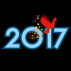 New Year 2017 concept - fire rooster silhouette fly inside zero digit. Chinese zodiac sign for winter holiday. Flat style vector astrology symbol on black background. 