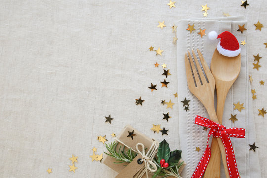 Christmas table place setting, holidays copy space background