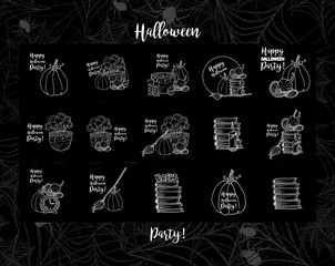 Witch accessories, hat, pot with potion, Wall Clock, pumpkin, candle,bottles for Happy Halloween holiday. White vector line art icons