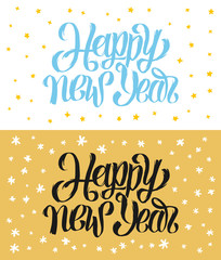 Happy New Year handwritten calligraphy greeting cards collection. Vintage banner or tag for Year of the Rooster party decoration. Vector backgrounds