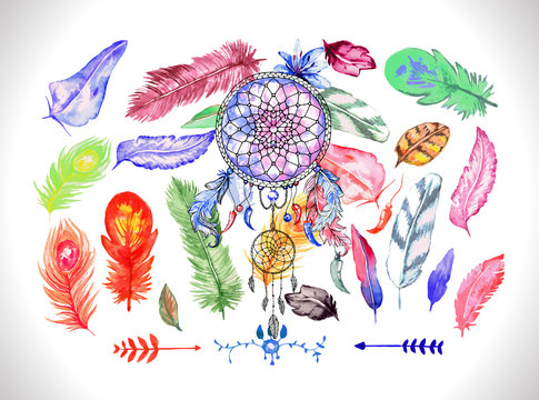 Dreamcatcher on the colorful feathers background