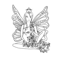 Adult coloring book page with fairy Pregnant lady with butterfly wings. Pregnancy in zentangle style art. Black and white, monochrome vector illustration or print design