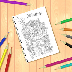 Spiral bound notepad or coloring book with colorful pencils and coloring pages picture, house with cat. Vector template or mock up. Easy to place your image on the cover.Top view.