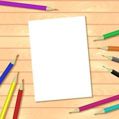 Vector template or mock up with wooden planks tabel,colorful pencils and paper document a4. Easy to place your image on the cover.Top view.