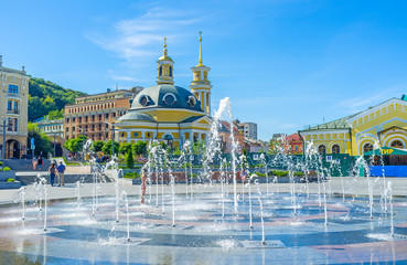 The Nativity Of Christ Church behind the fountain, Poshtova Square, Kyiv, Ukraine