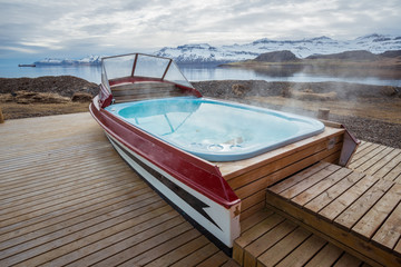 The hot tub in the guesthouse at Mjoeyri in Eskifjordur town of east Iceland.