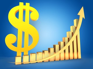 3d illustration of dollar sign over blue background with golden bars and golden arrow up