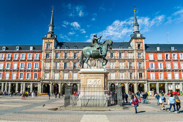 Felipe III statue and Casa de la Panaderia on Plaza Mayor in Madrid, Spain