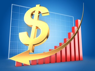 3d illustration of dollar sign over blue grid background with red bars and arrow down