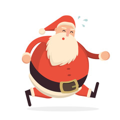 Santa Claus running hard and getting tired. Cute cartoon cheerfu