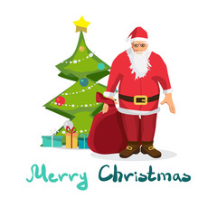 Santa Claus with a big bag on background tree. Cartoon style vec