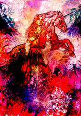 heroic woman in medieval dress with sword and unicorn, computer graphic, fire effect.