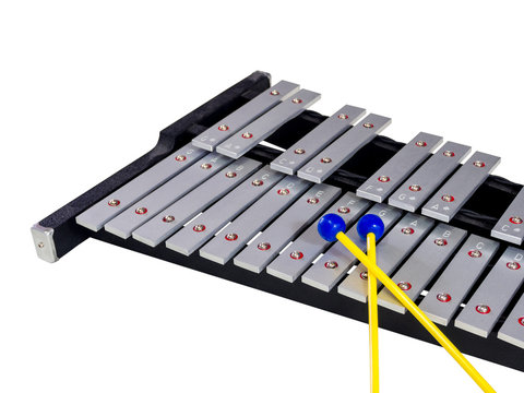 Xylophone with mallets on isolated white background, selective f