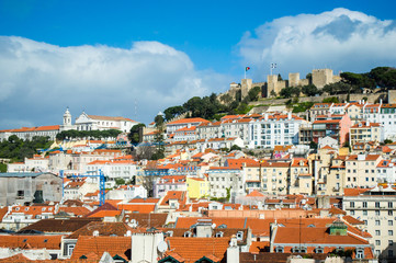 Obraz premium Lisbon aerial cityscape skyline with Sao Jorge Castle view, Portugal